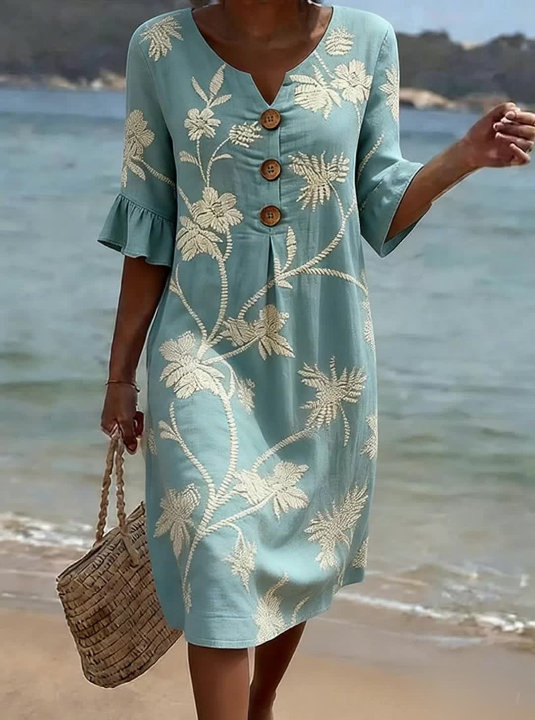Embroidered Floral Midi Dress with Flutter Sleeves