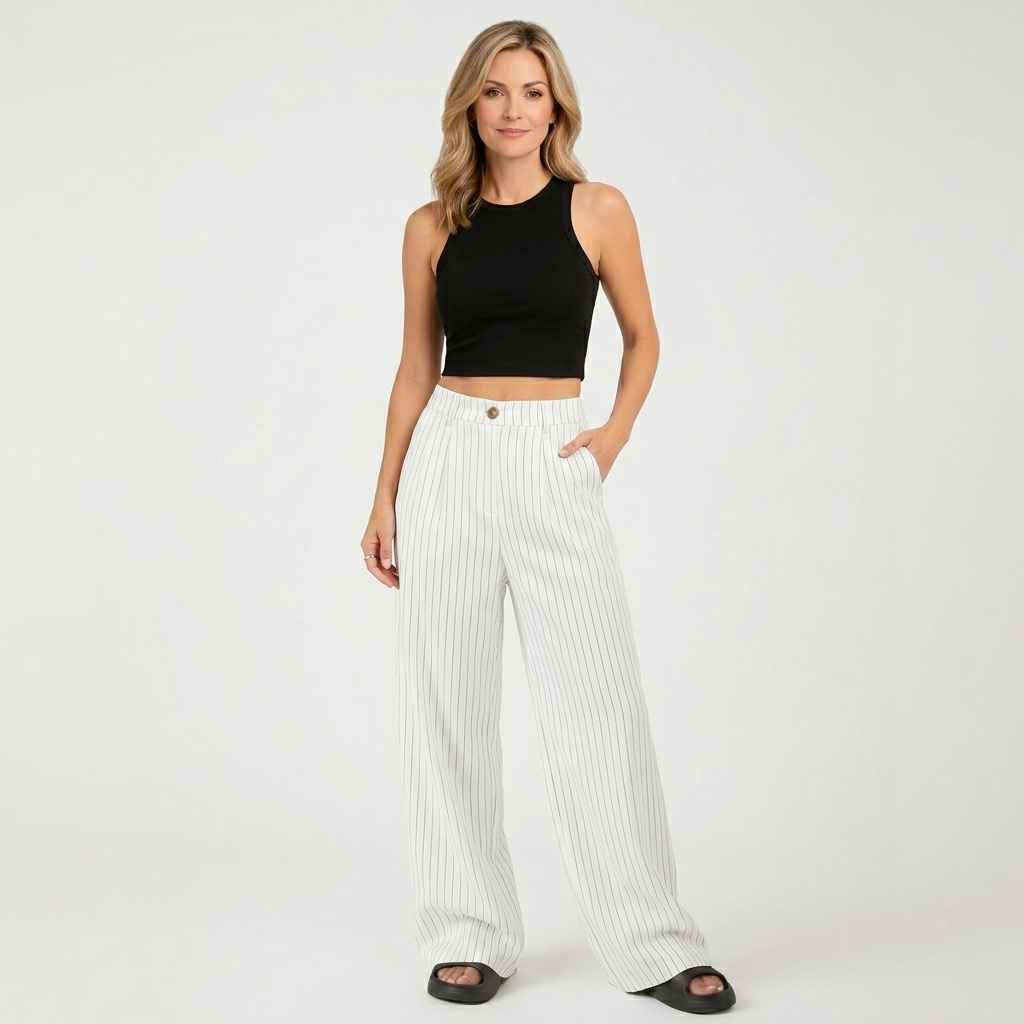 Women’s High Waisted Pinstripe Pants – Wide Leg Pleated Trouser Style