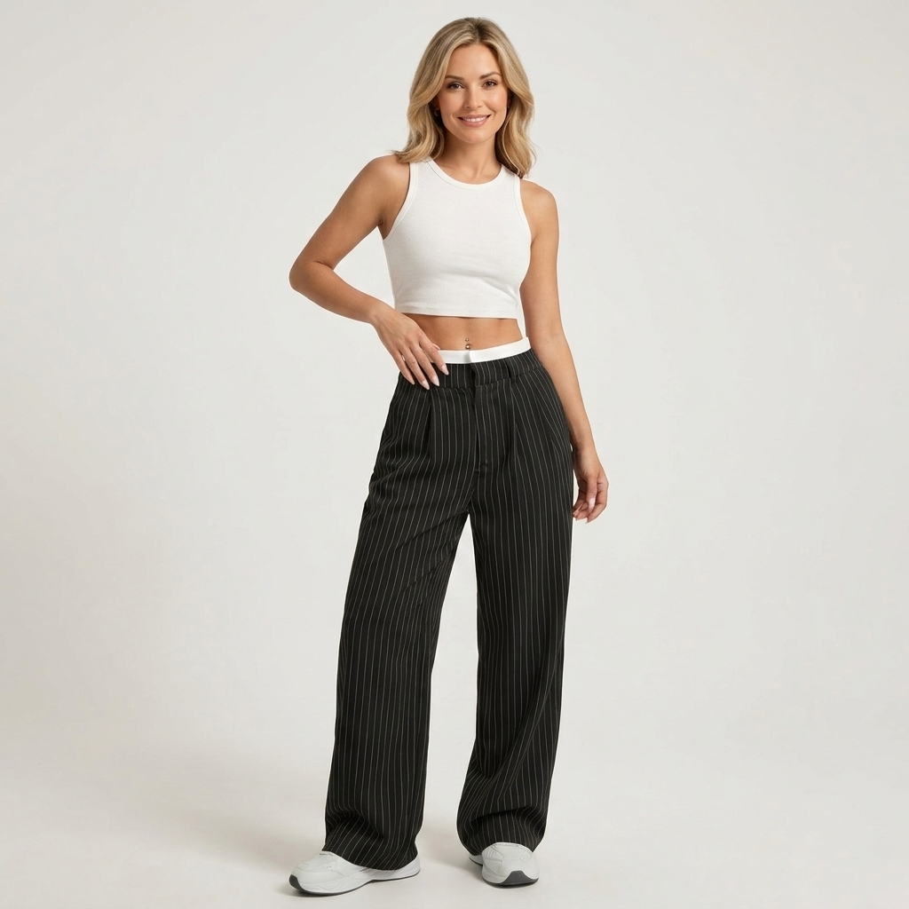 Women’s High Waisted Pinstripe Pants – Wide Leg Pleated Trouser Style