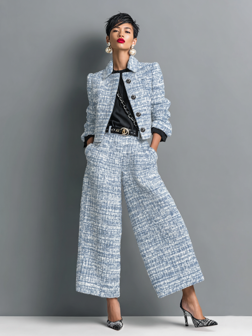 Women's checked cropped jacket and wide-leg trouser set