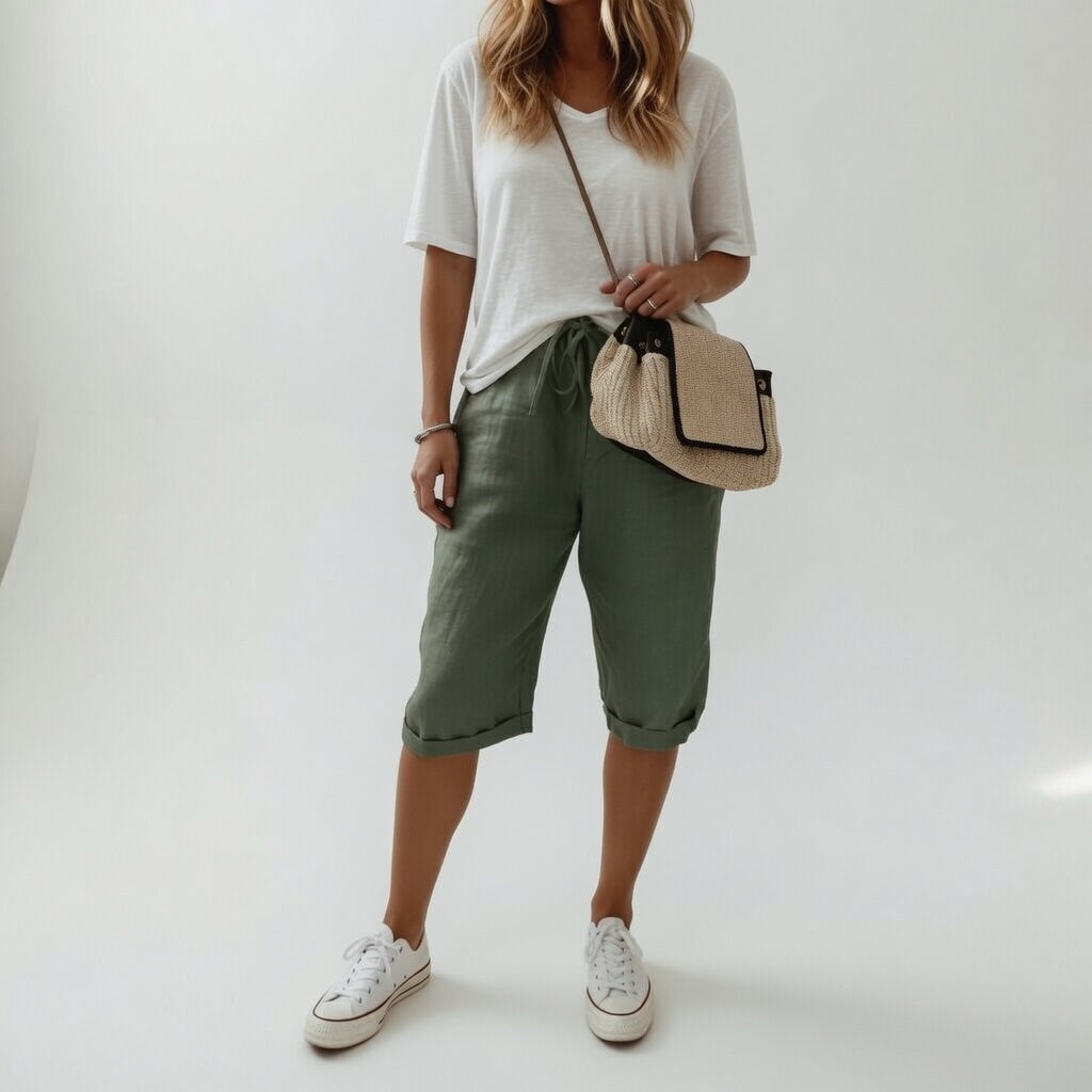Drawstring Rolled Hem Cropped Linen Trousers