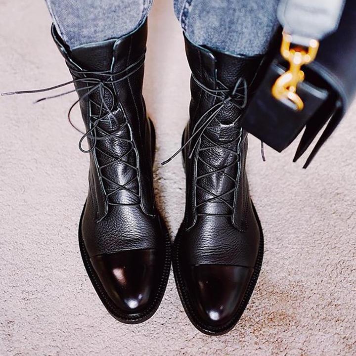 Women's knee-high lace-up boots with panelled toe caps