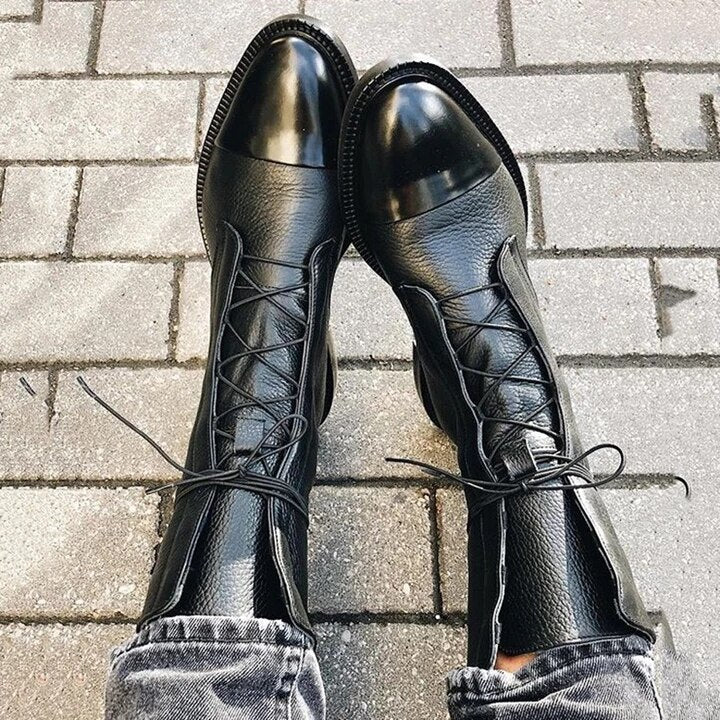 Women's knee-high lace-up boots with panelled toe caps