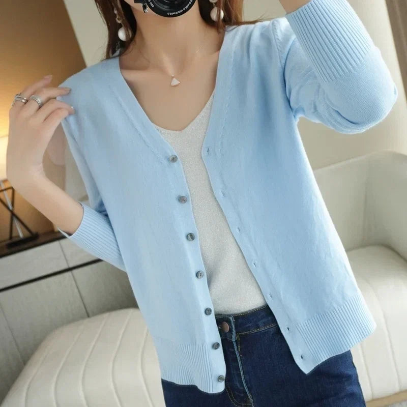 Women's V-neck button cardigan with long sleeves and ribbed trims
