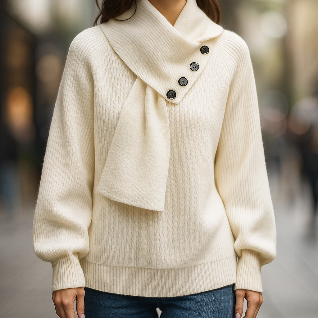 Pull pour femme à col écharpe asymétrique et détails boutonnés