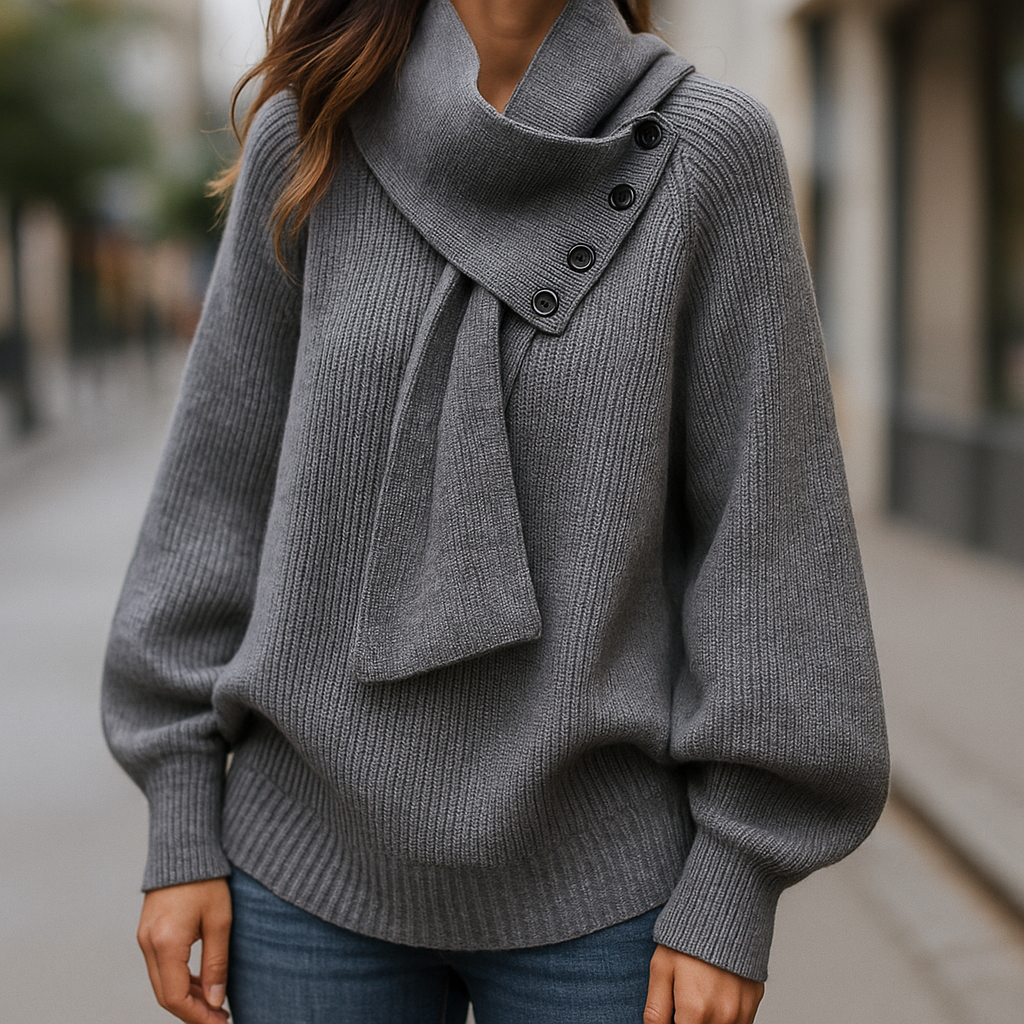 Pull pour femme à col écharpe asymétrique et détails boutonnés