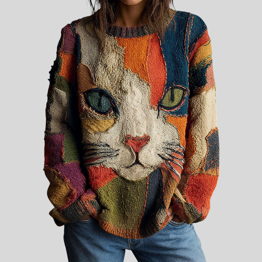 Women's Cat Print Colorblock Crew Neck Sweater