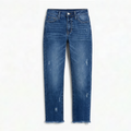 Women's high-rise cropped straight leg jeans with distressed details and fringed hems