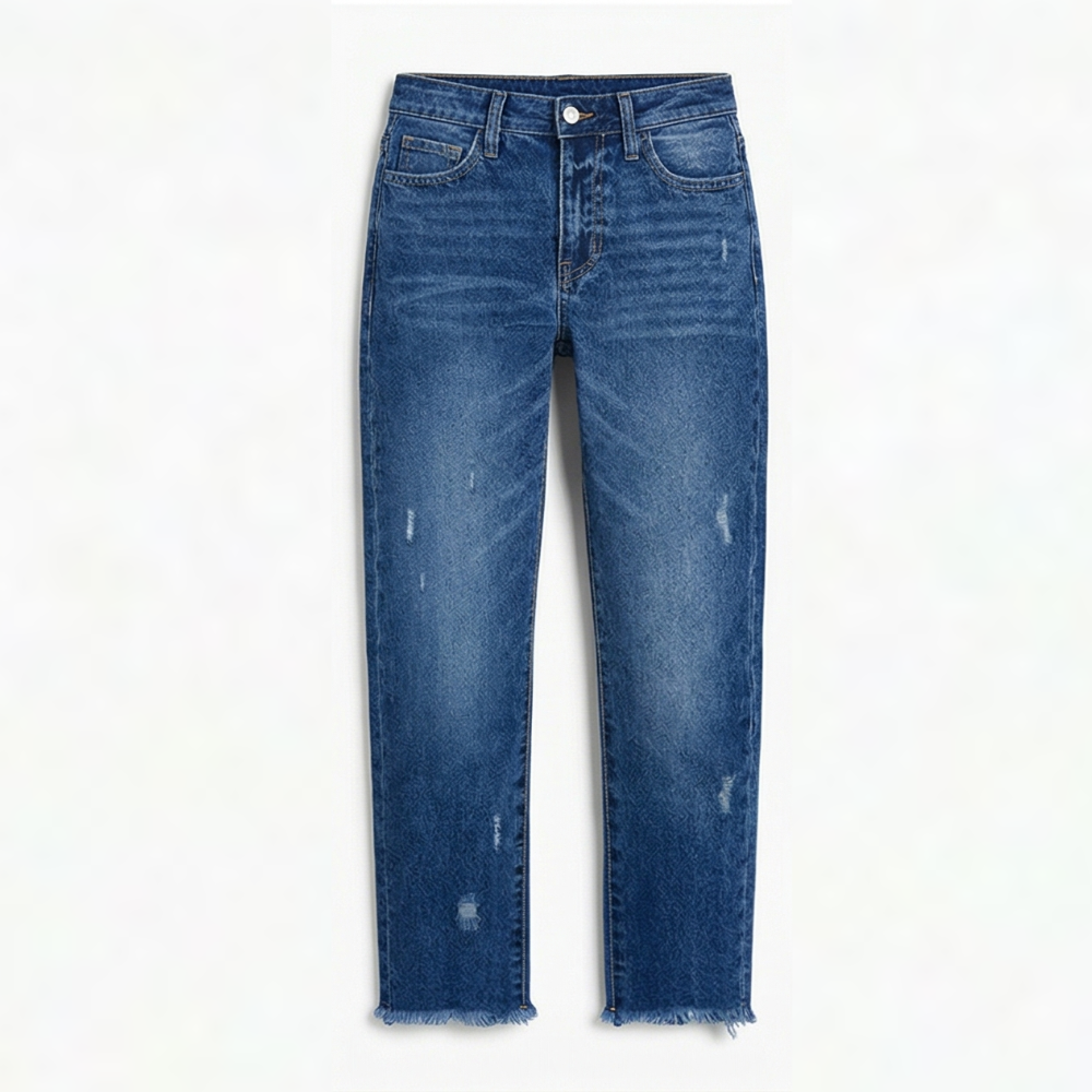 Women's high-rise cropped straight leg jeans with distressed details and fringed hems
