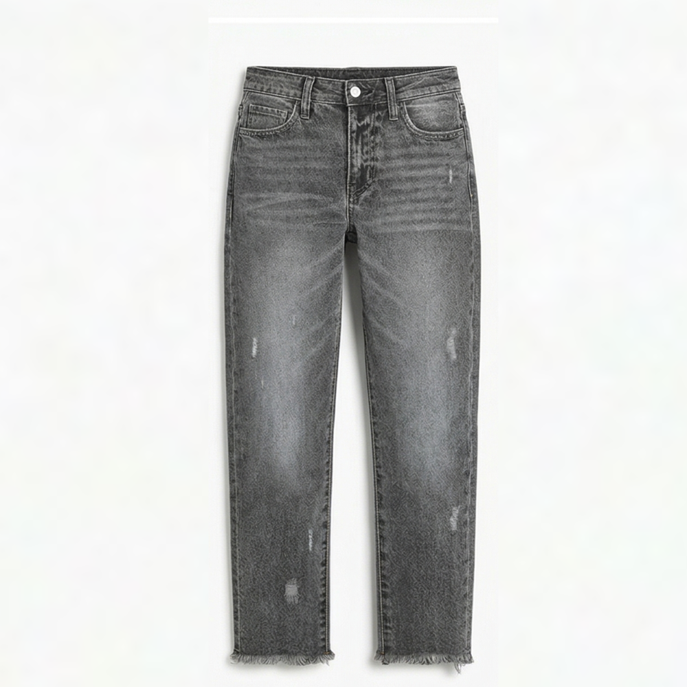 Women's high-rise cropped straight leg jeans with distressed details and fringed hems