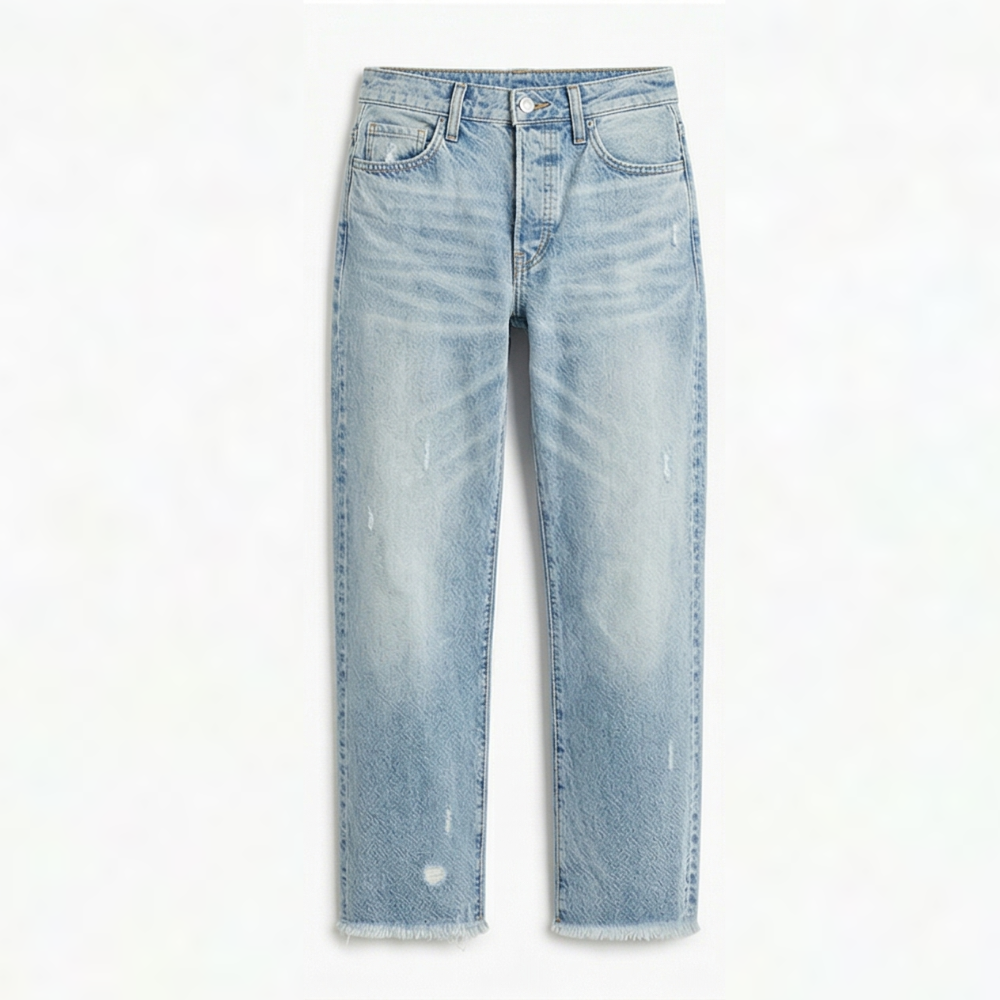 Women's high-rise cropped straight leg jeans with distressed details and fringed hems