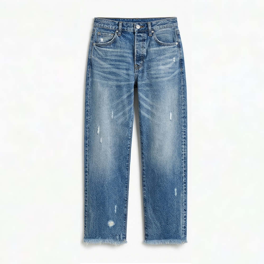 Women's high-rise cropped straight leg jeans with distressed details and fringed hems