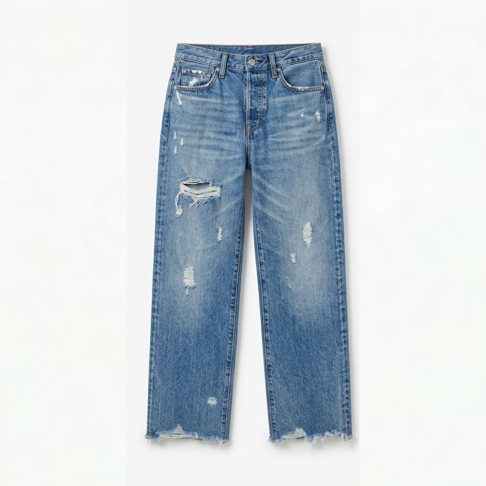 Women's high-rise cropped straight leg jeans with distressed details and fringed hems