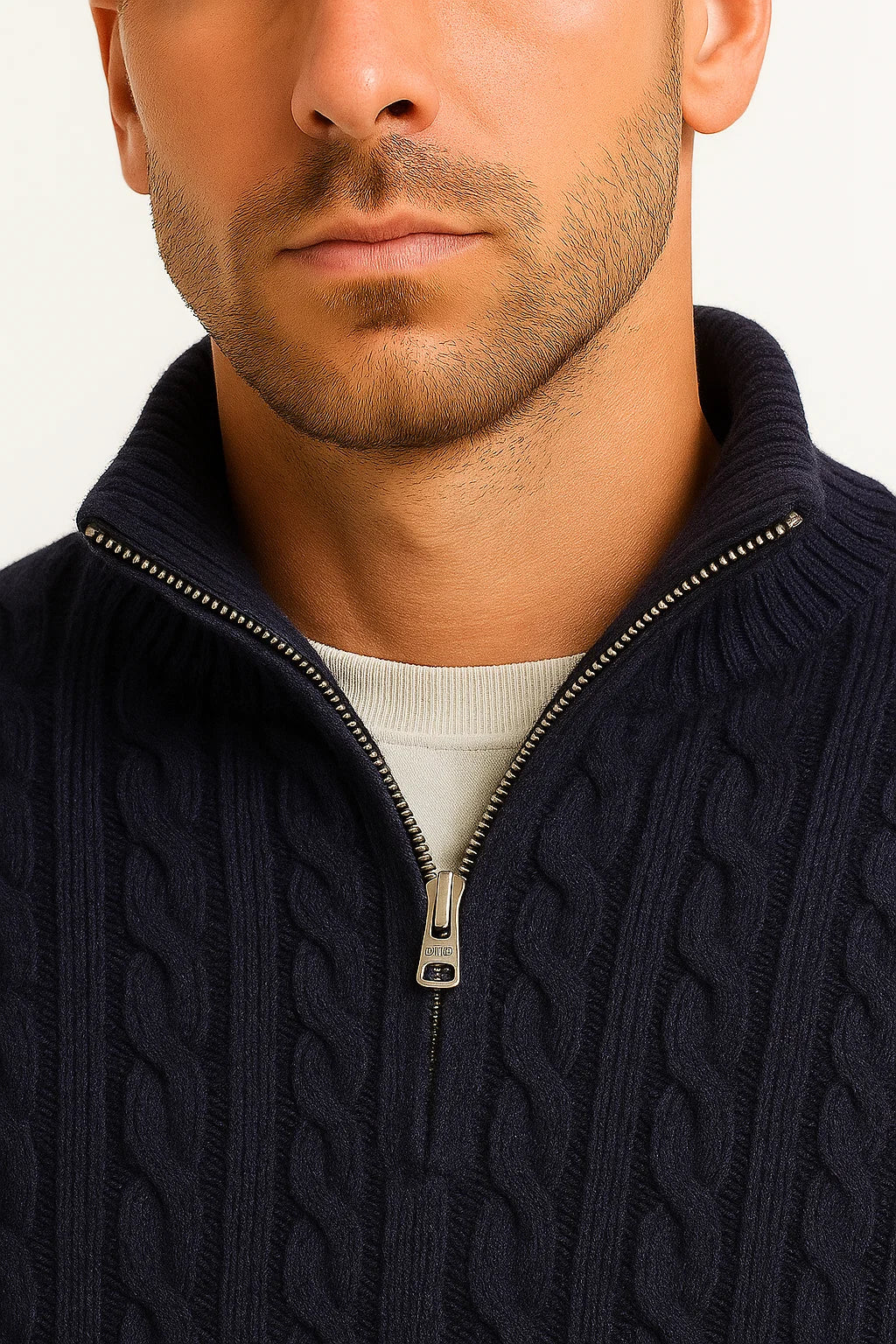 Men’s Cable Knit Quarter Zip Stand Collar Sweater