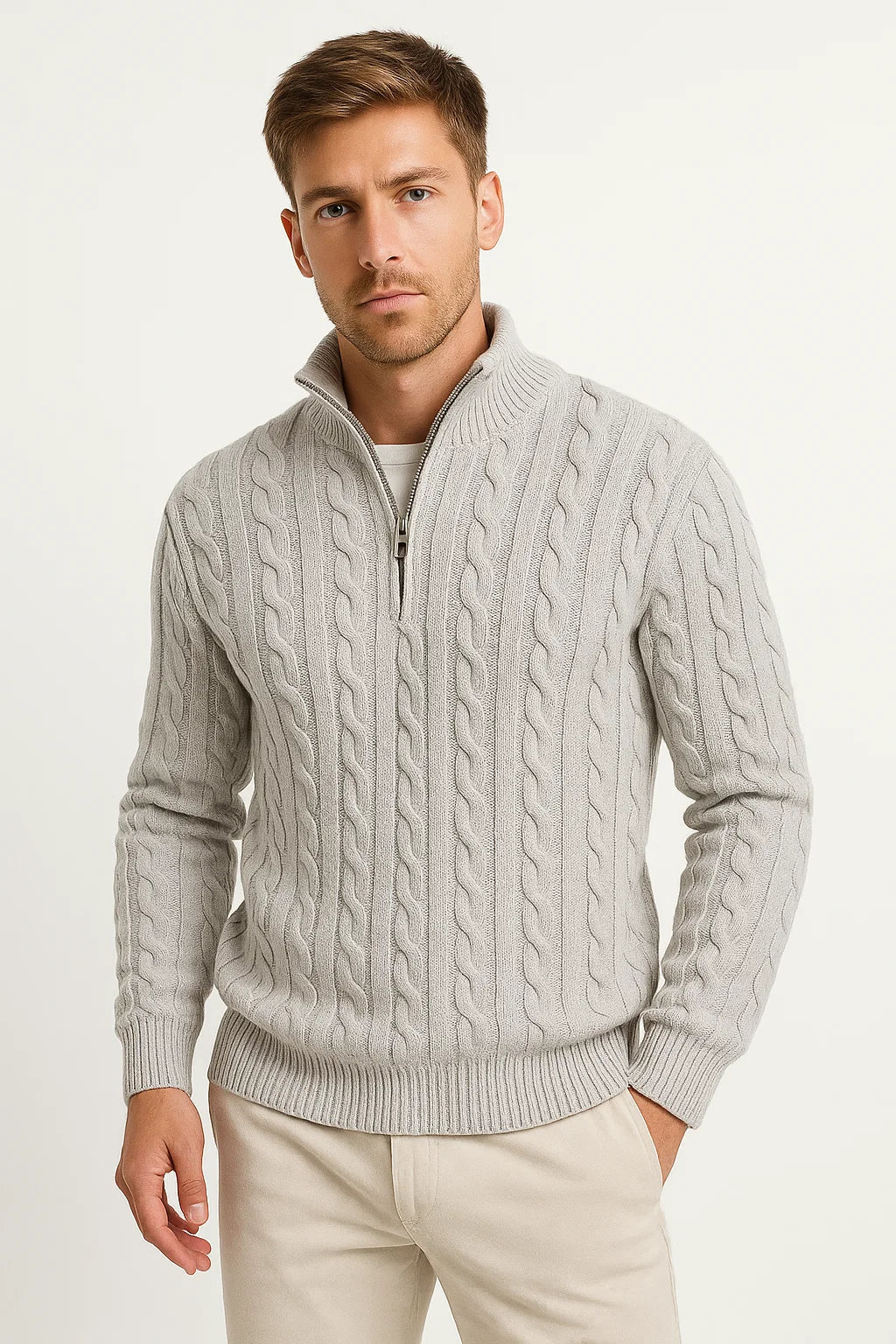 Men’s Cable Knit Quarter Zip Stand Collar Sweater