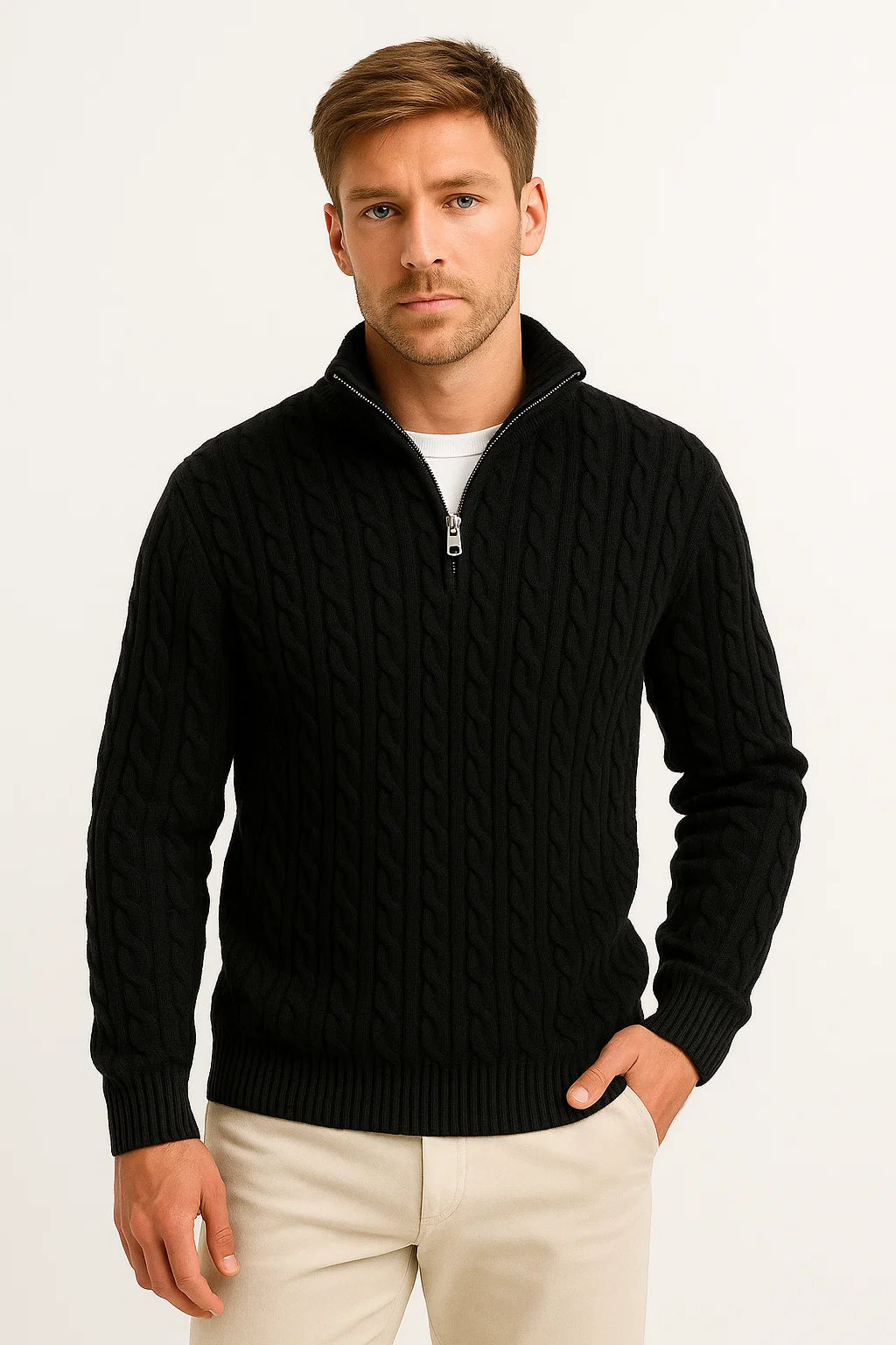 Men’s Cable Knit Quarter Zip Stand Collar Sweater