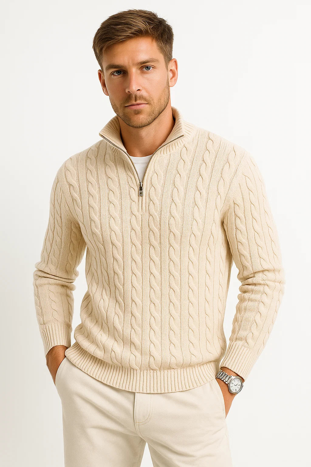 Men’s Cable Knit Quarter Zip Stand Collar Sweater