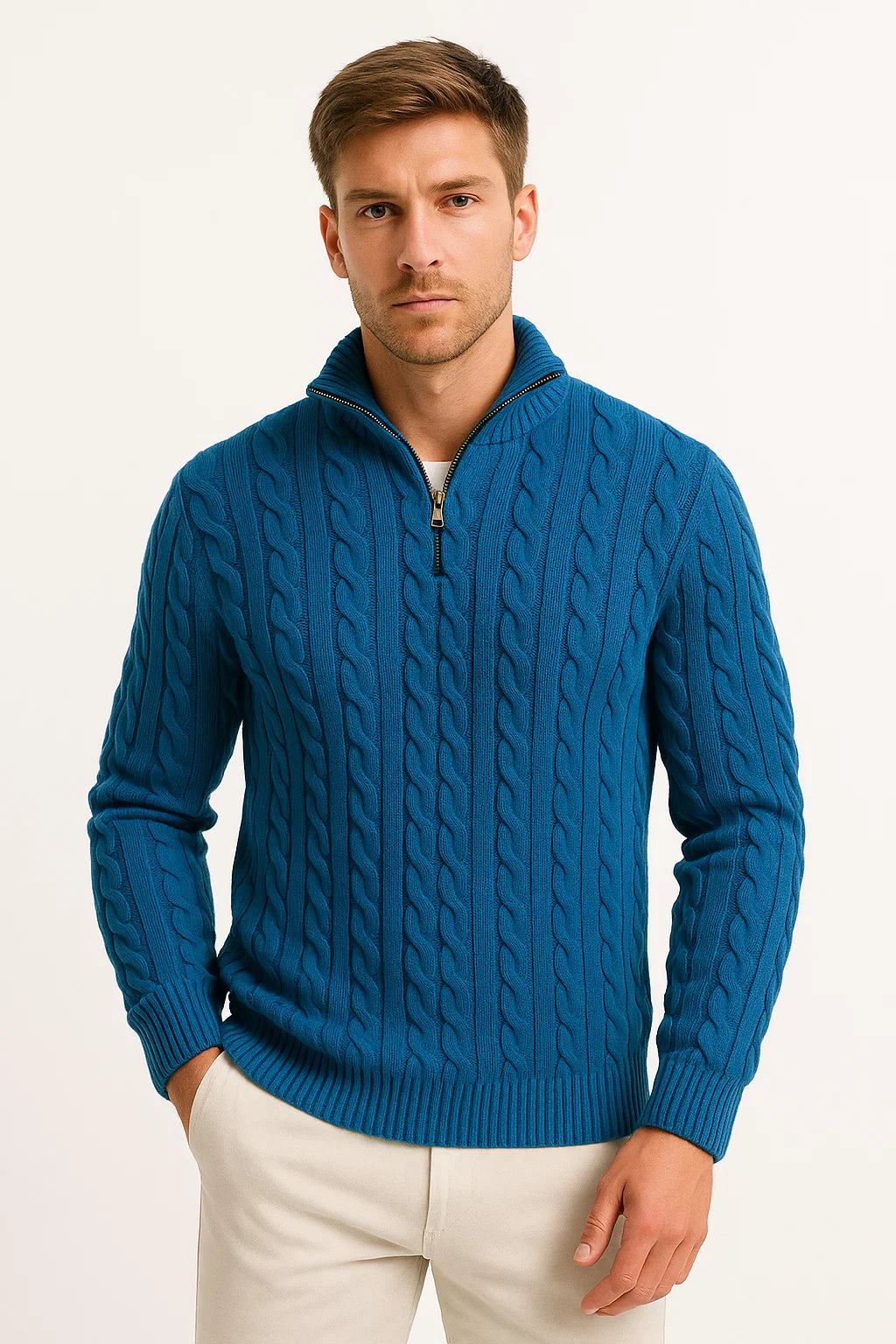 Men’s Cable Knit Quarter Zip Stand Collar Sweater