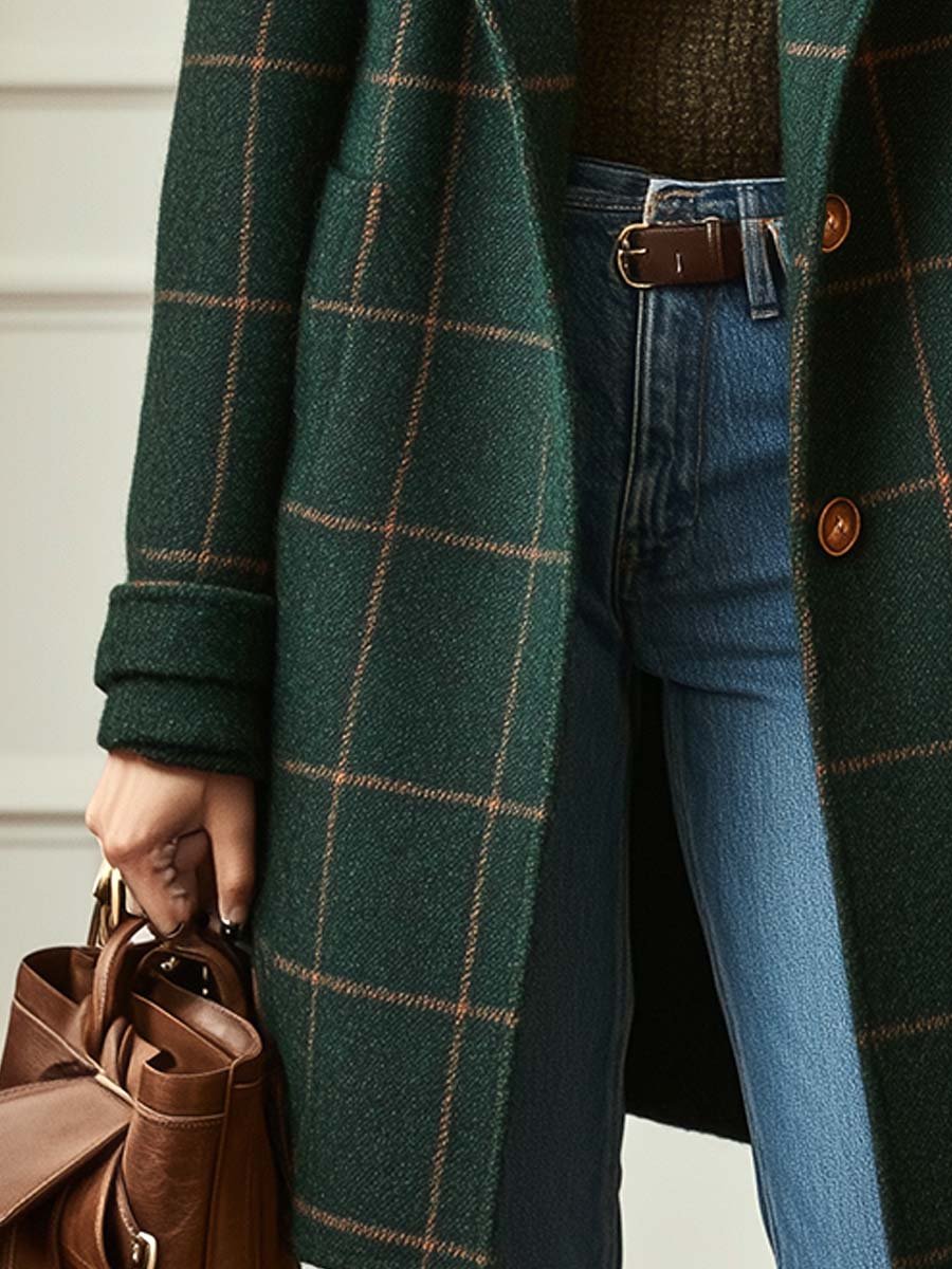 Manteau long pour femme en mélange de laine à carreaux fenêtre