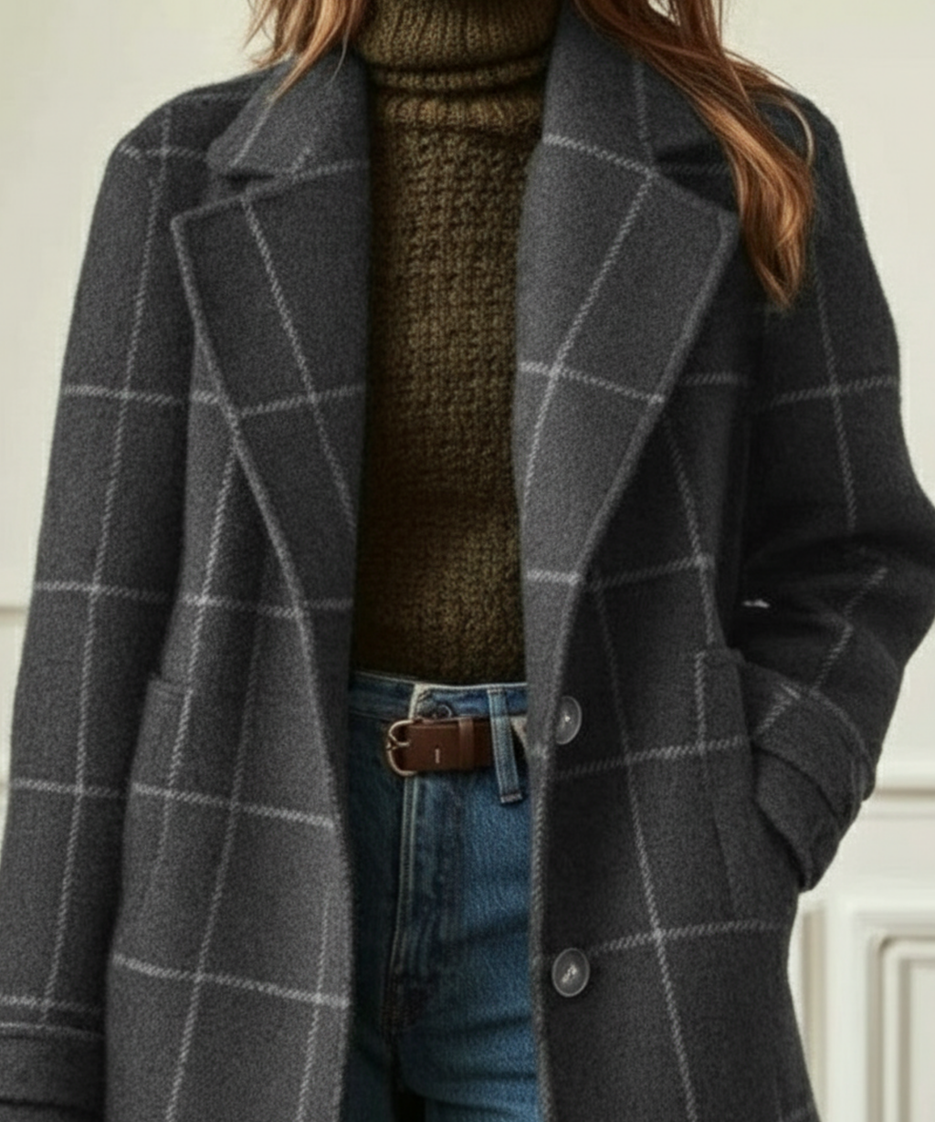 Manteau long pour femme en mélange de laine à carreaux fenêtre