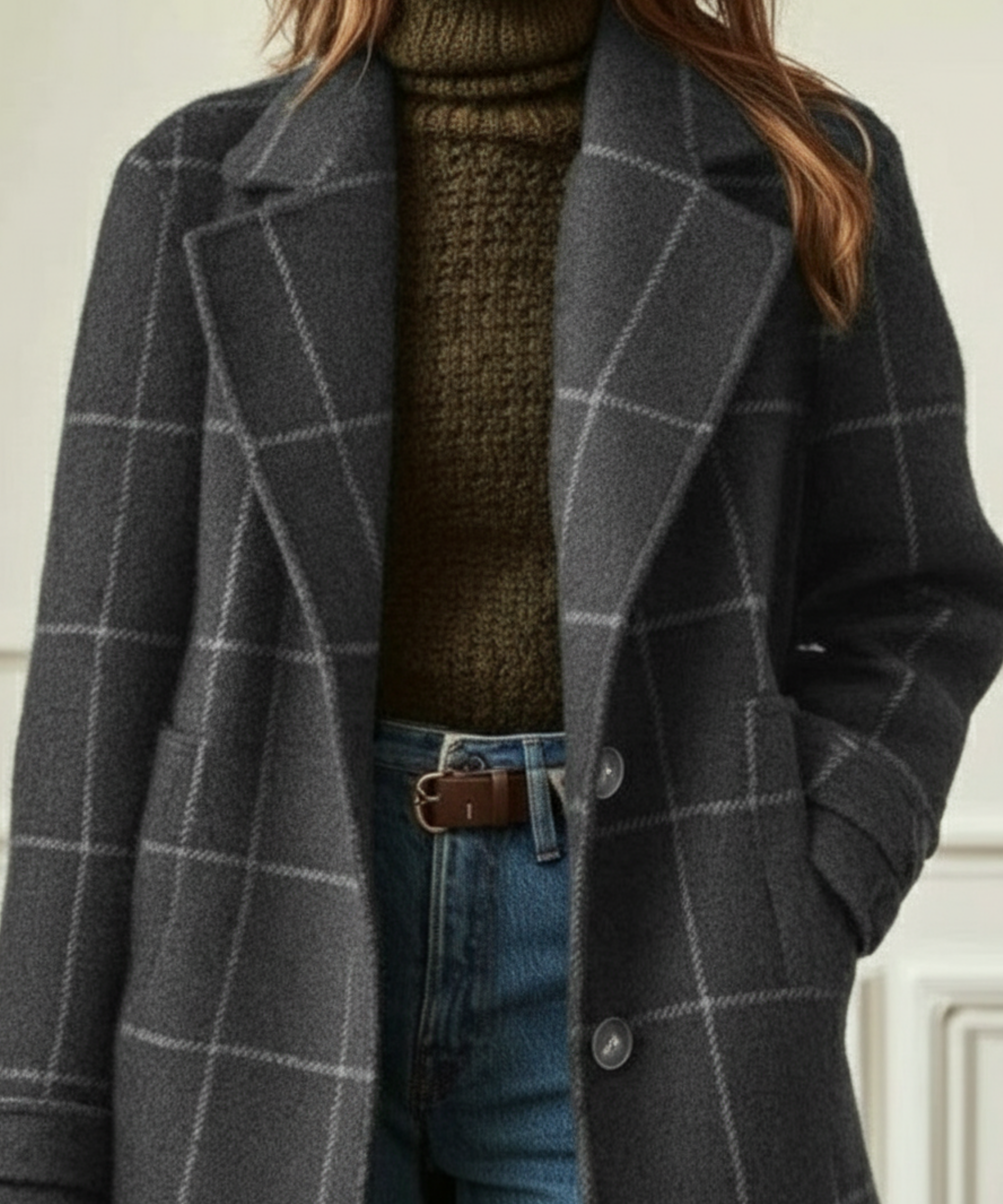 Manteau long pour femme en mélange de laine à carreaux fenêtre