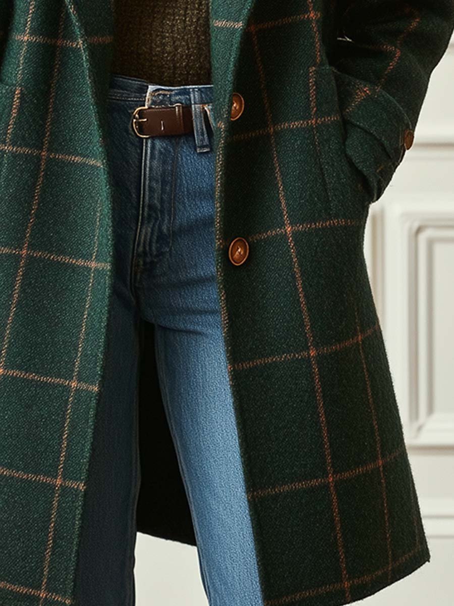 Manteau long pour femme en mélange de laine à carreaux fenêtre