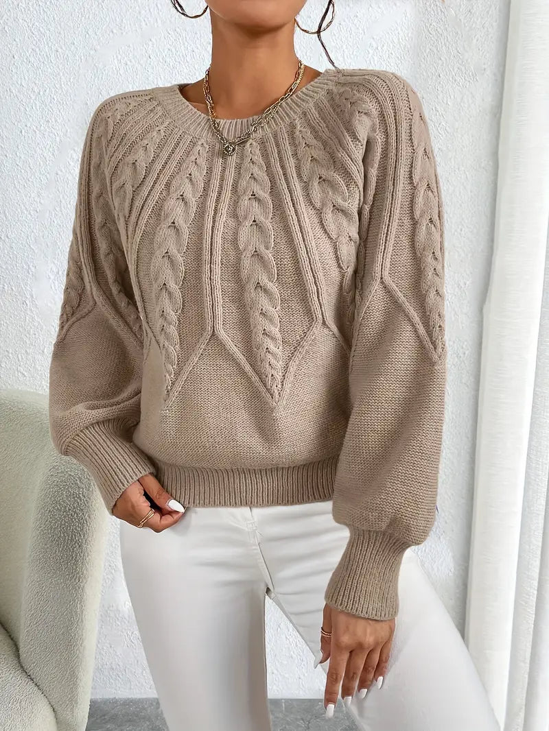 Women's beige cable knit cropped sweater with crew neck and long lantern sleeves
