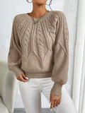 Women's beige cable knit cropped sweater with crew neck and long lantern sleeves