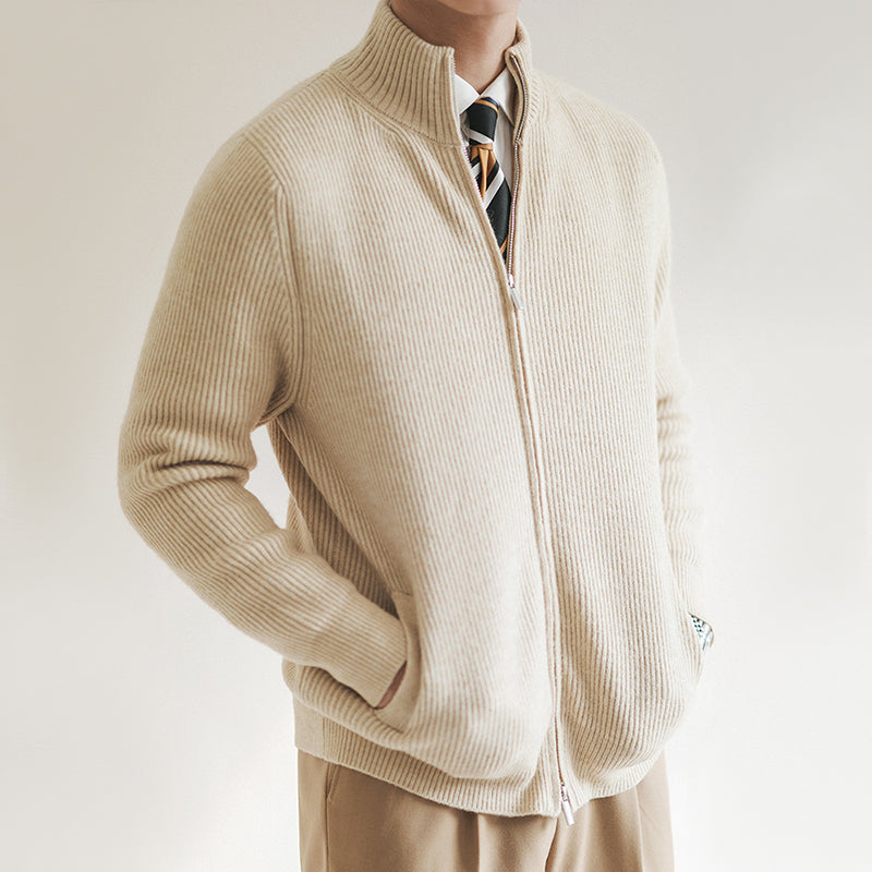 Men’s Chunky Ribbed Knit Two-Way Zip Cardigan with Pockets