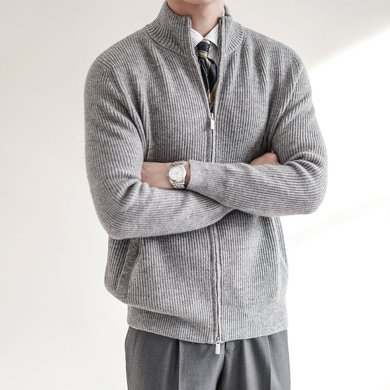Men’s Chunky Ribbed Knit Two-Way Zip Cardigan with Pockets