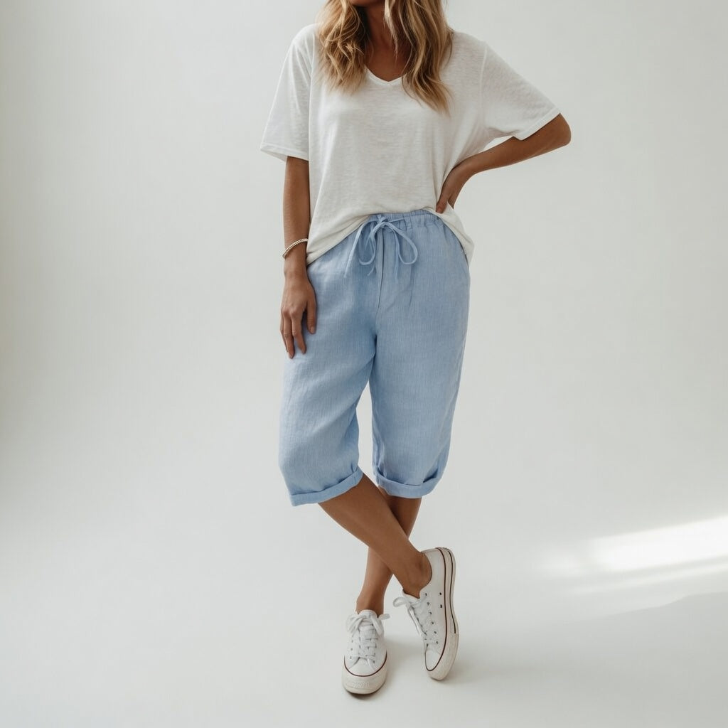 Drawstring Rolled Hem Cropped Linen Trousers