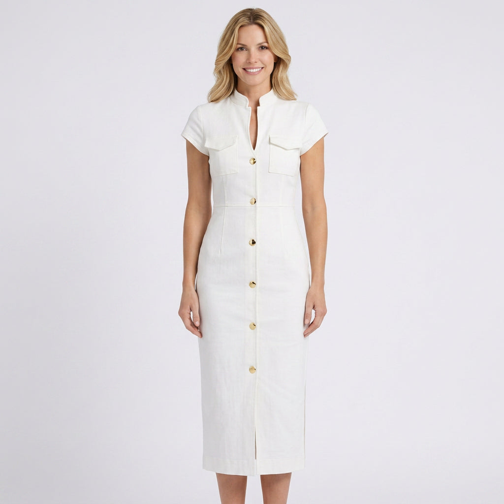 Utility Button-Front Midi Dress – Cap Sleeve Collared Dress