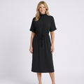 High Neck Tie Waist Midi Dress – Elegant Short Sleeve Dress