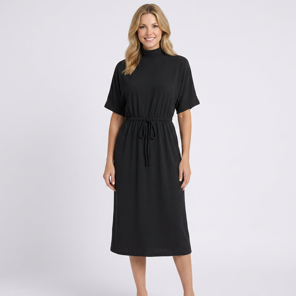 High Neck Tie Waist Midi Dress – Elegant Short Sleeve Dress
