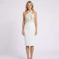 Embroidered Halter Neck Midi Dress – Elegant Bodycon Pencil Dress