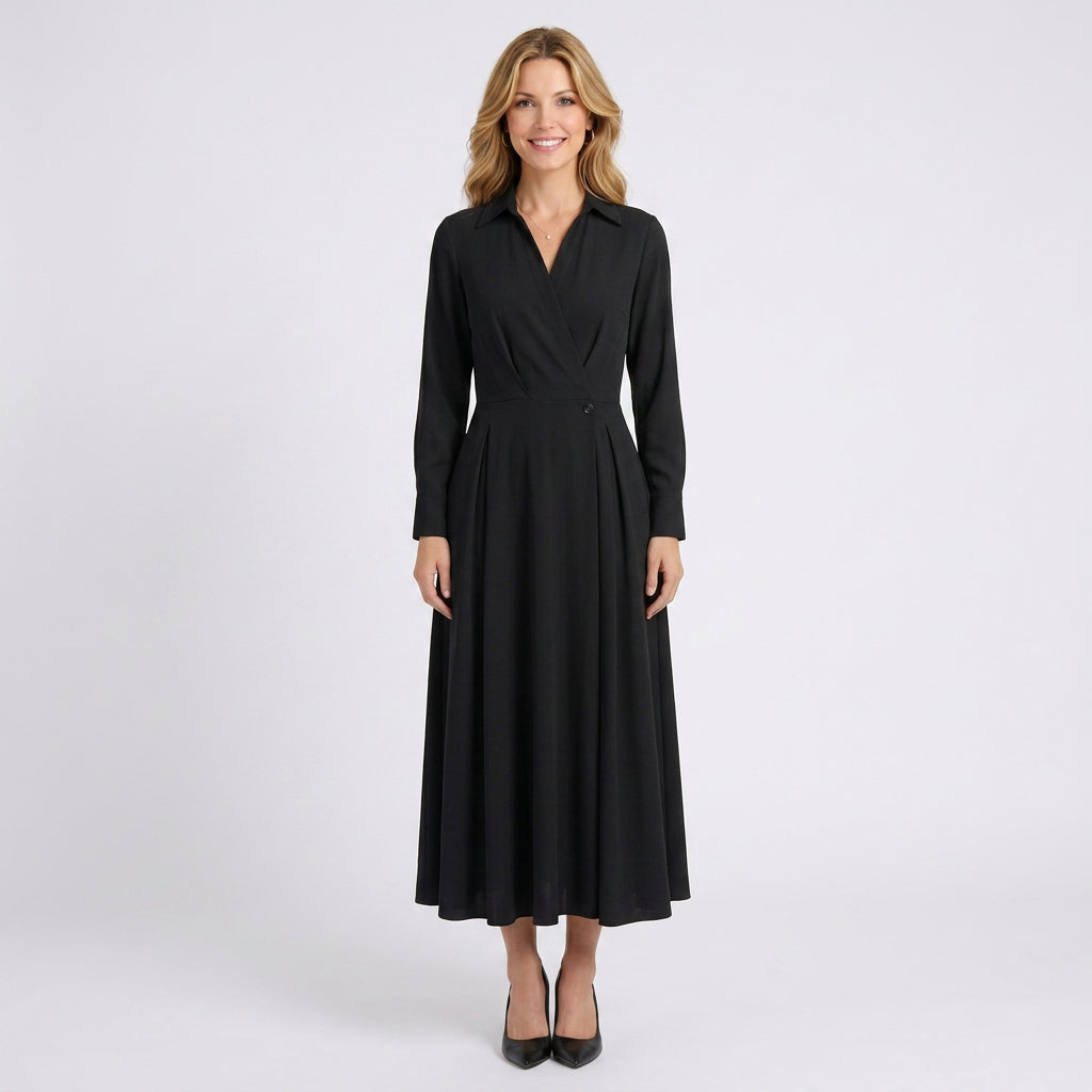 Wrap-Front Shirt Maxi Dress – Long Sleeve Collared Dress