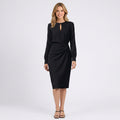 Keyhole Neck Draped Midi Dress – Long Sleeve Waist-Twist Dress