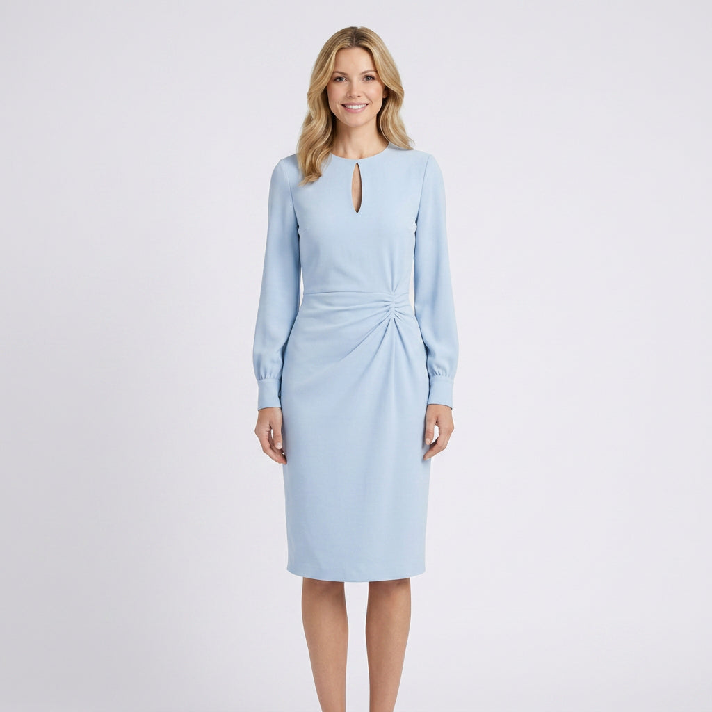 Keyhole Neck Draped Midi Dress – Long Sleeve Waist-Twist Dress