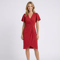 Wrap-Front Draped Midi Dress – Flutter Sleeve V-Neck Dress