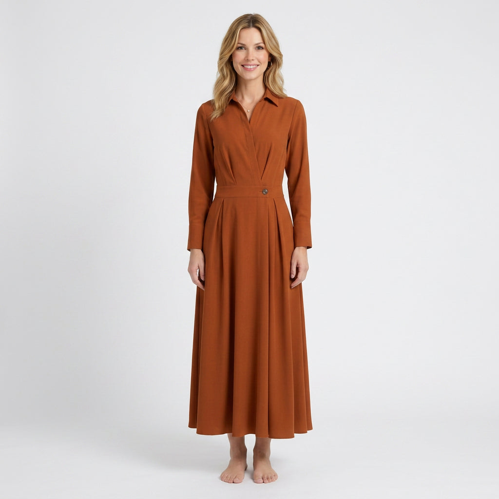 Wrap-Front Shirt Maxi Dress – Long Sleeve Collared Dress