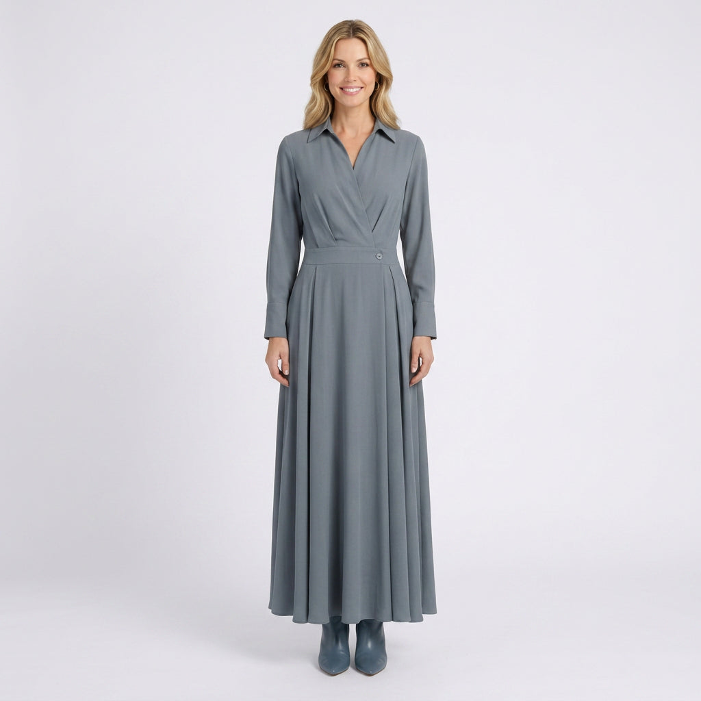 Wrap-Front Shirt Maxi Dress – Long Sleeve Collared Dress