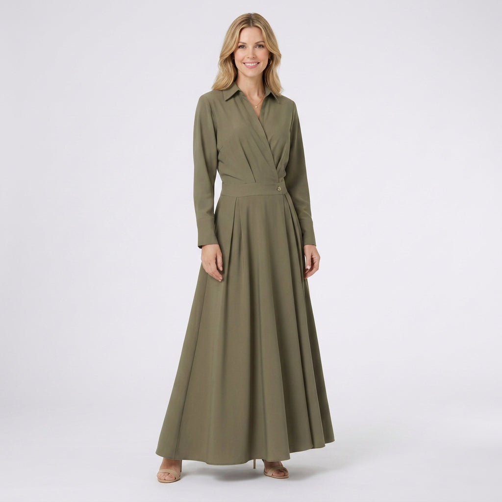 Wrap-Front Shirt Maxi Dress – Long Sleeve Collared Dress