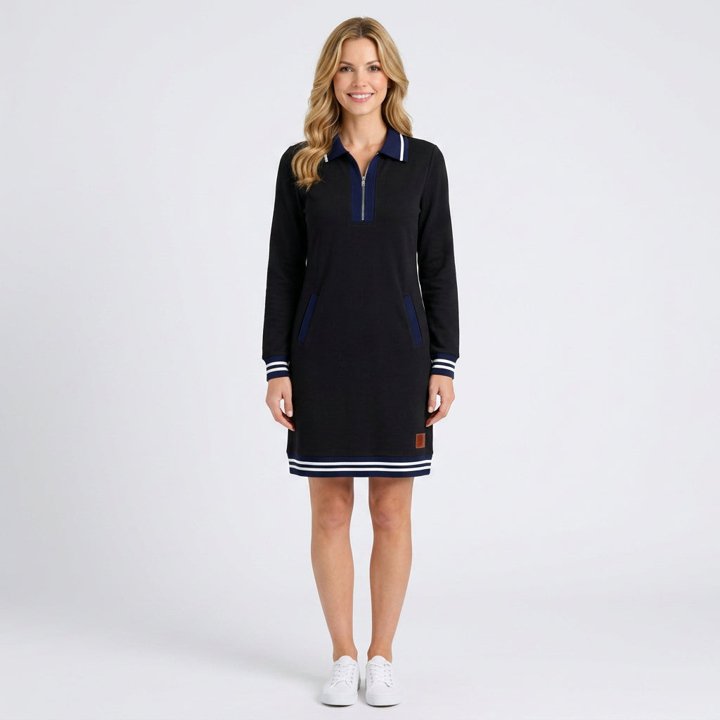 Women’s Long Sleeve Polo Dress – Zip Neck Pocket Sweatshirt Style