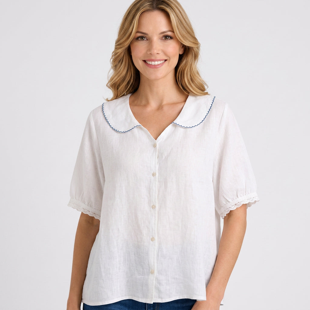 Women’s Short Sleeve Button Blouse – Scalloped Collar Lightweight Shirt