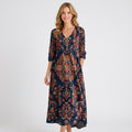 Women’s Printed Midi Dress – V Neck Long Sleeve