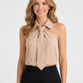 Women’s Satin Halter Blouse with Tie Neck – Sleeveless Collared Top (Beige)