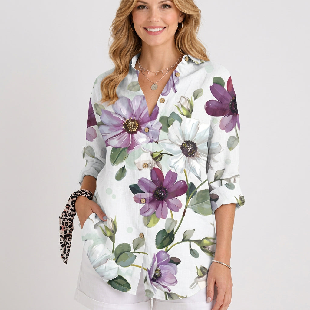 Women’s Floral Button Up Shirt – Long Sleeve Collared Blouse Style