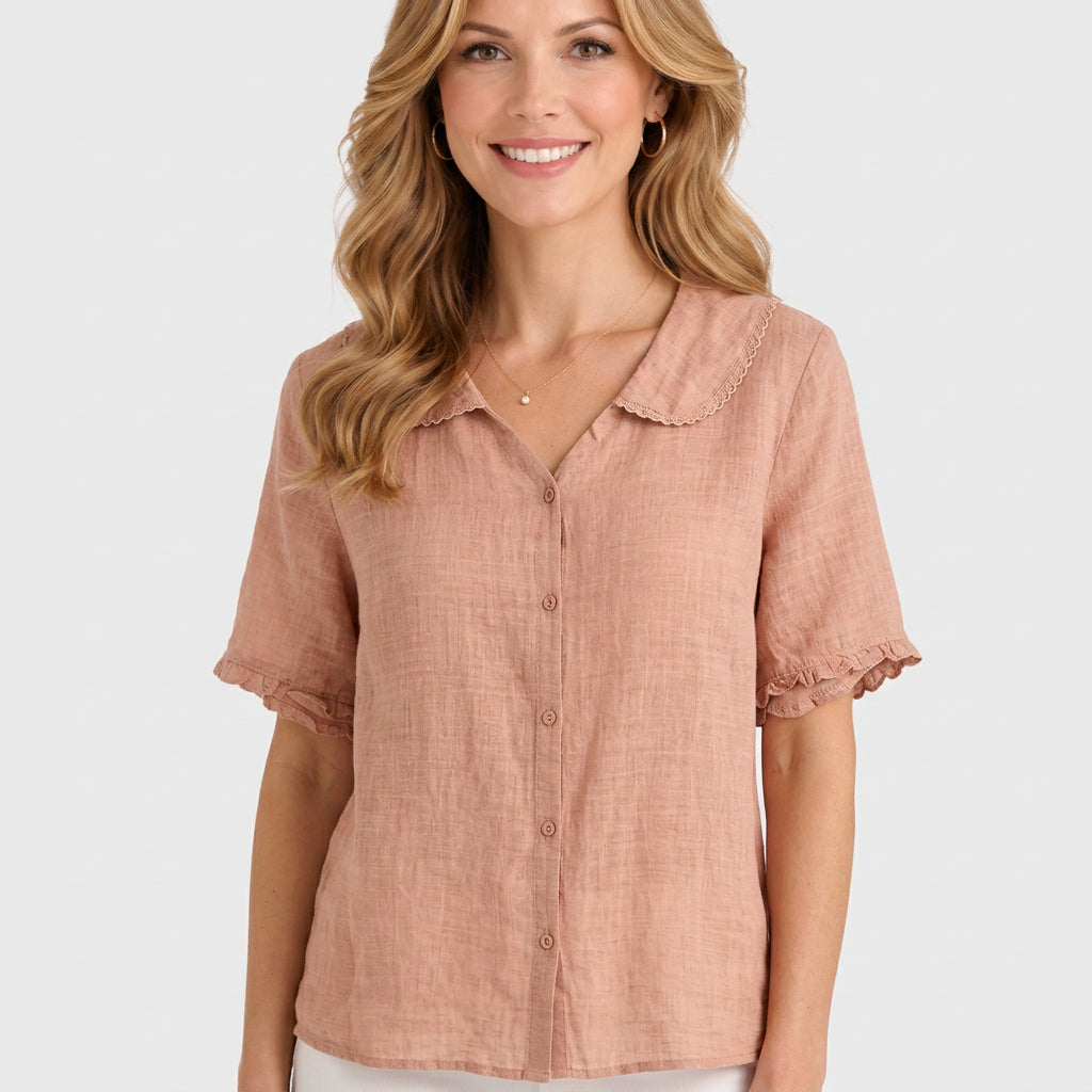 Women’s Short Sleeve Button Blouse – Scalloped Collar Lightweight Shirt