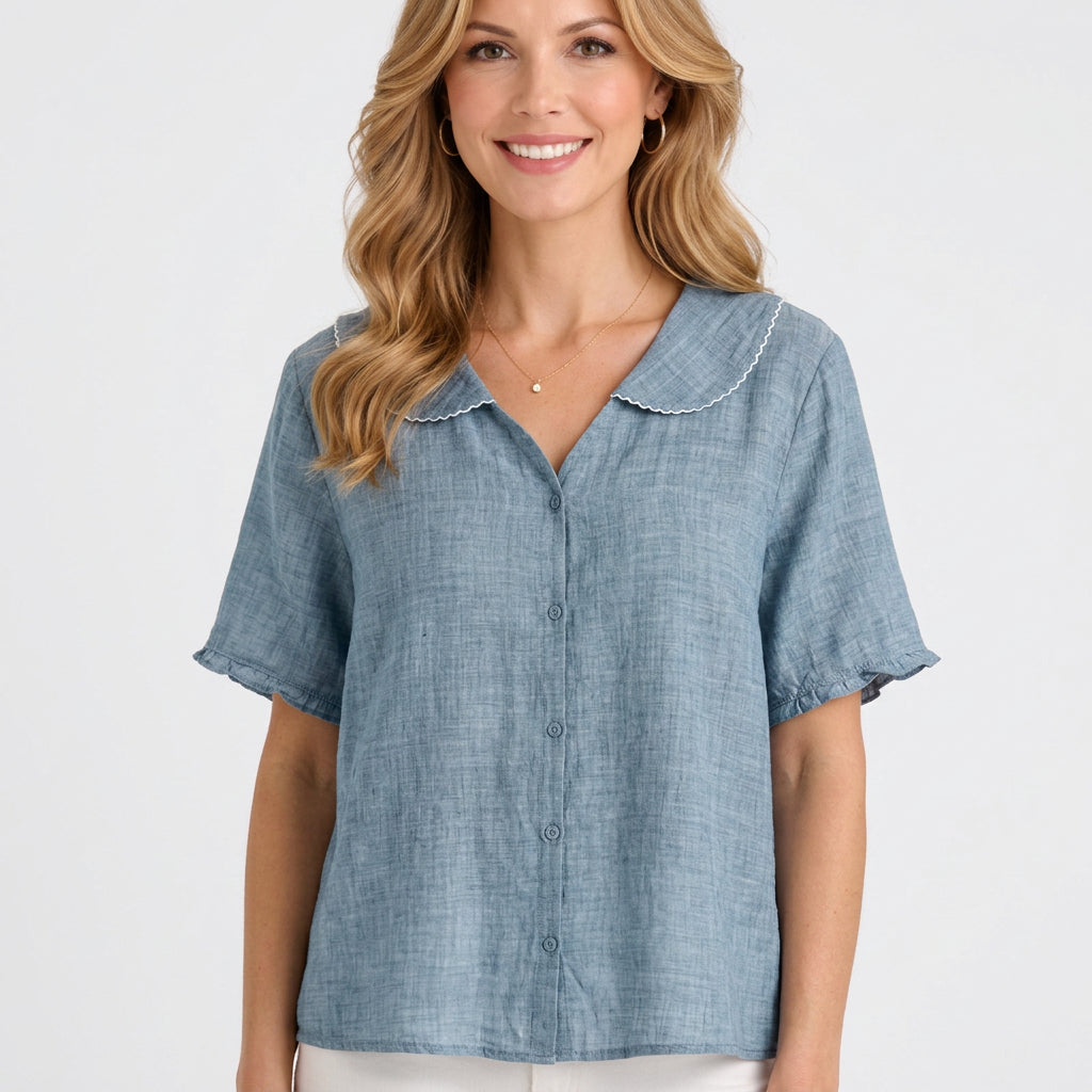 Women’s Short Sleeve Button Blouse – Scalloped Collar Lightweight Shirt