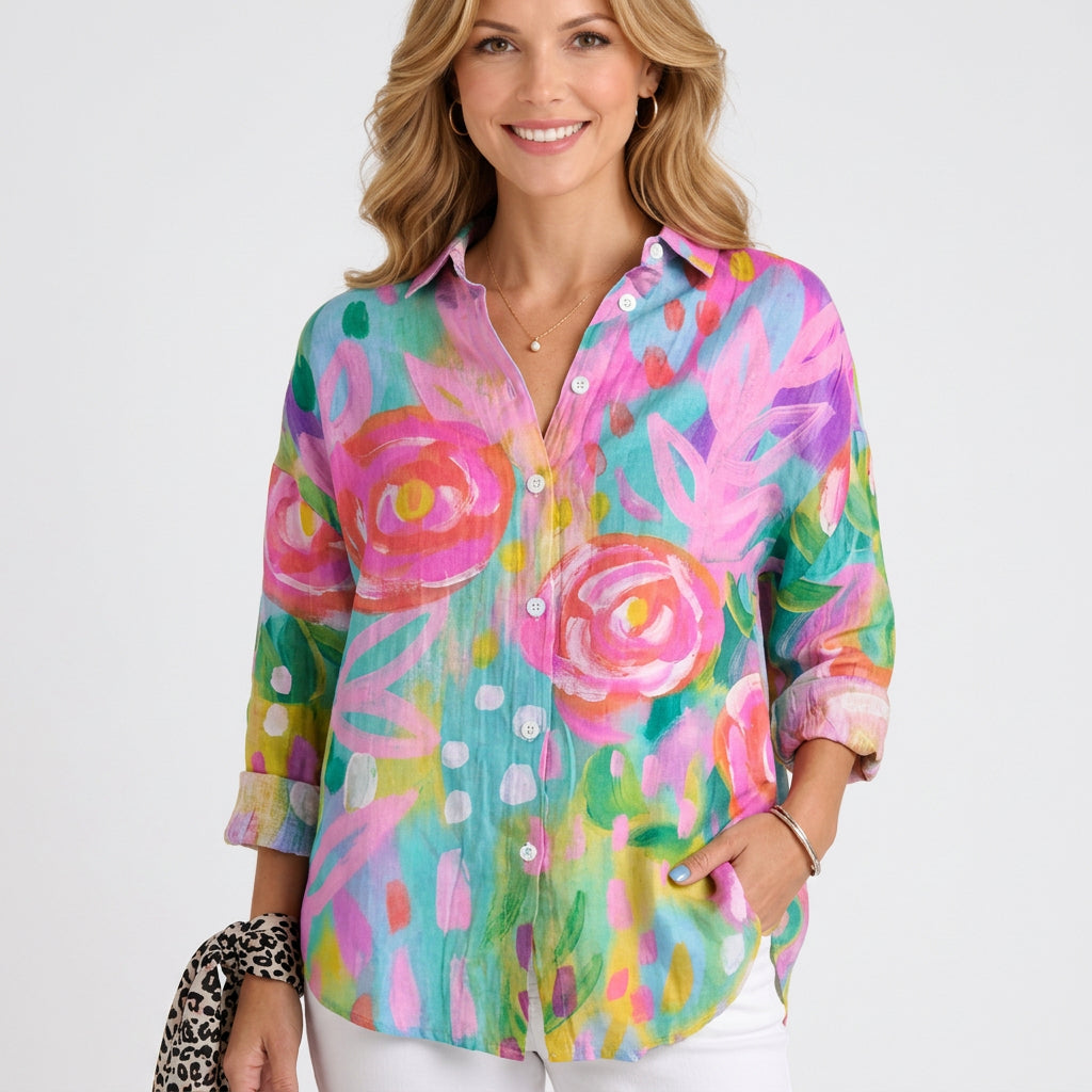 Women’s Printed Button Up Shirt – Long Sleeve Collared Blouse Style
